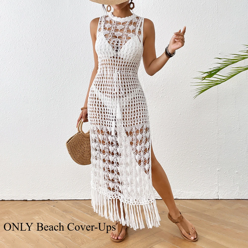 Women Cover-Ups Hollow Out Crochet Cover Up Swimwear Sleeveless Bikini Dress Smock Split Sexy Beach Knitwear Solid Swimsuit