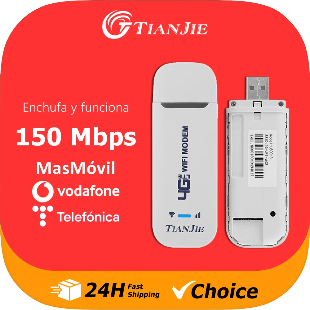 TIANJIE-módem WiFi USB U800 4G LTE, enrutador portátil Plug & Play con red de alta velocidad de 150Mbps, alimentado por Banco de energía/USB(Telefónica/Vodafone/Orange Compatible)