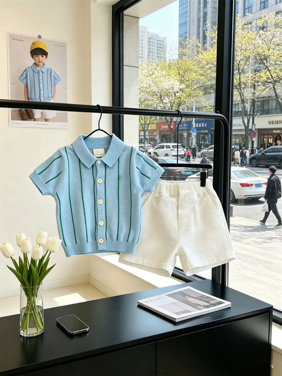 Boys' set summer new item children's blue striped Polo collar thin short sleeved knitted shirt casual shorts 2-piece set
