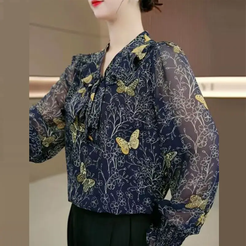 Ribbon Slimming Shirt Women's New Style Elegant Versatile Top