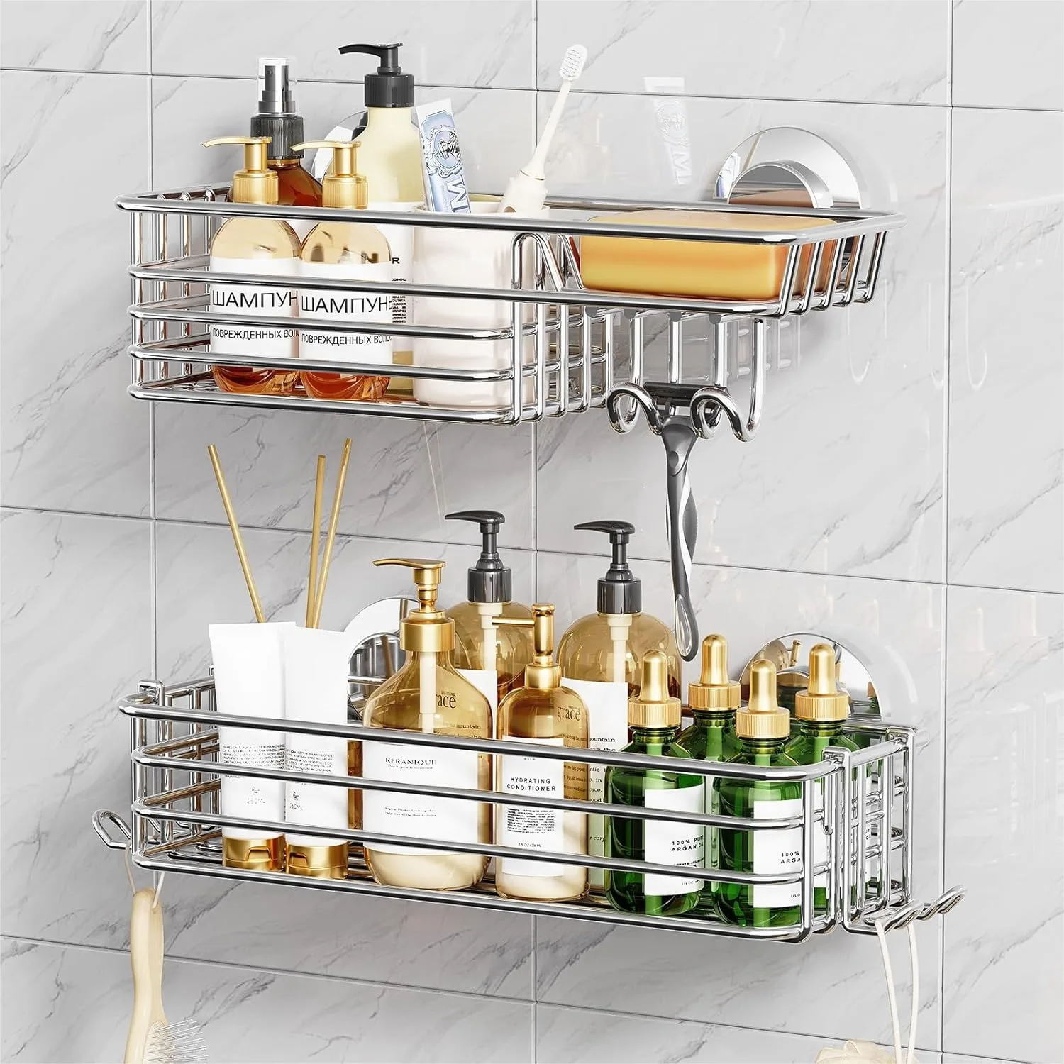 

Shower Caddy Suction Cup 2 Pack with Hooks and Soap Holder, Heavy Duty Shower Organizer for Bathroom, No Drilling Silver Shelves