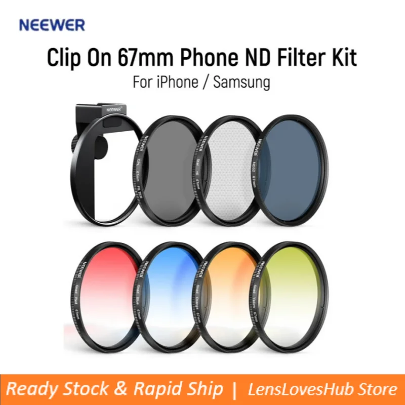 

NEEWER Clip On 67mm Phone ND Filter Kit 4 Graduated Color Filter Compatible with iPhone 16 15 Pro Max Plus 14 13 Samsung S23 S24