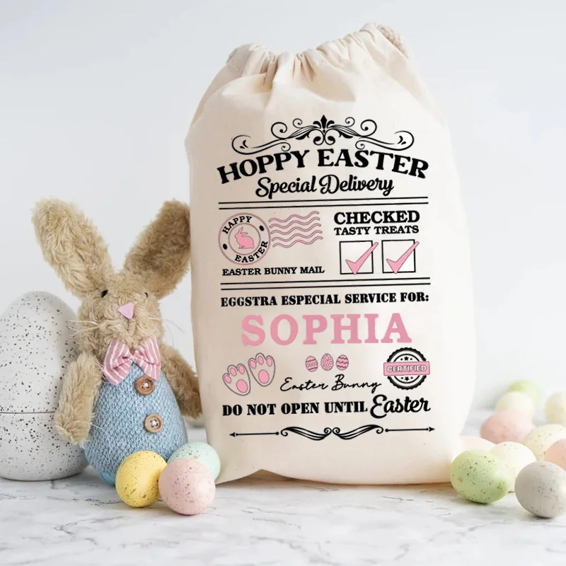 Personalised name Bunny rabbit Special Delivery bag happy Easter party decoration Egg Hunt basket kid boy girl gift Sack Bucket