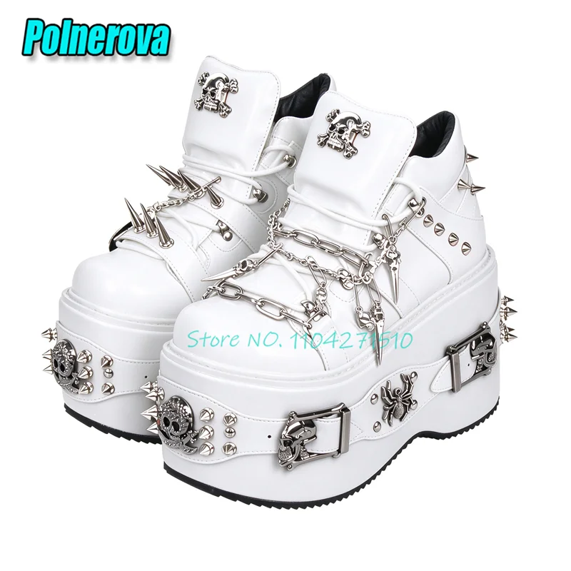 Punk Black White Platform Short Boots Skull Spike Chain Rivet Buckle Strap High Top Sneakers Gothic Wedge Cosplay Women Shoes