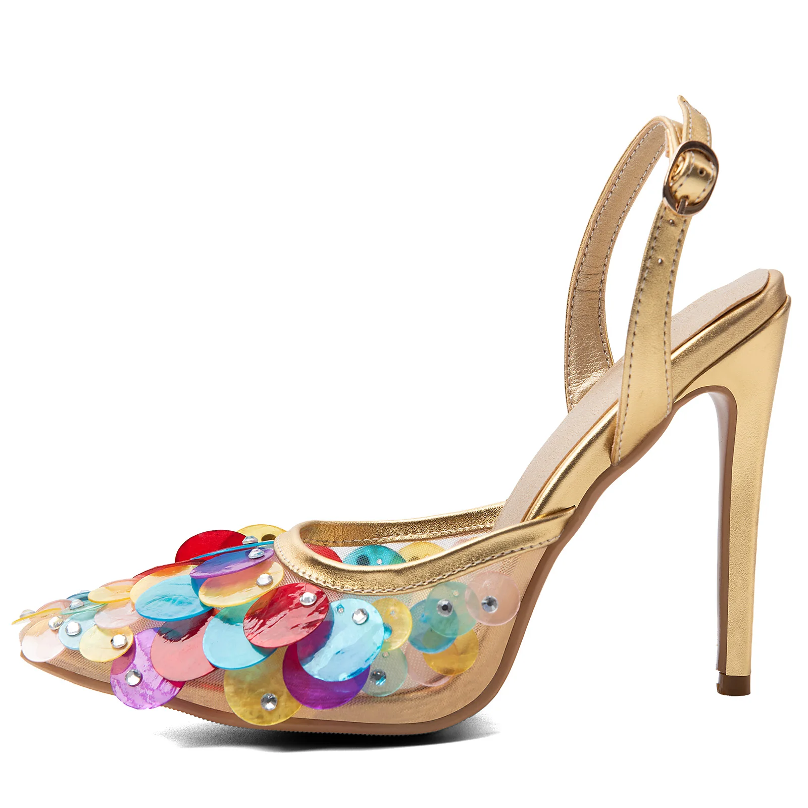 Golden Mesh Slingback Heel Sandals Women Pointed Toe Colorful Rainbow Sequin Scale Decor Stiletto Heels for Evening Party Shoe