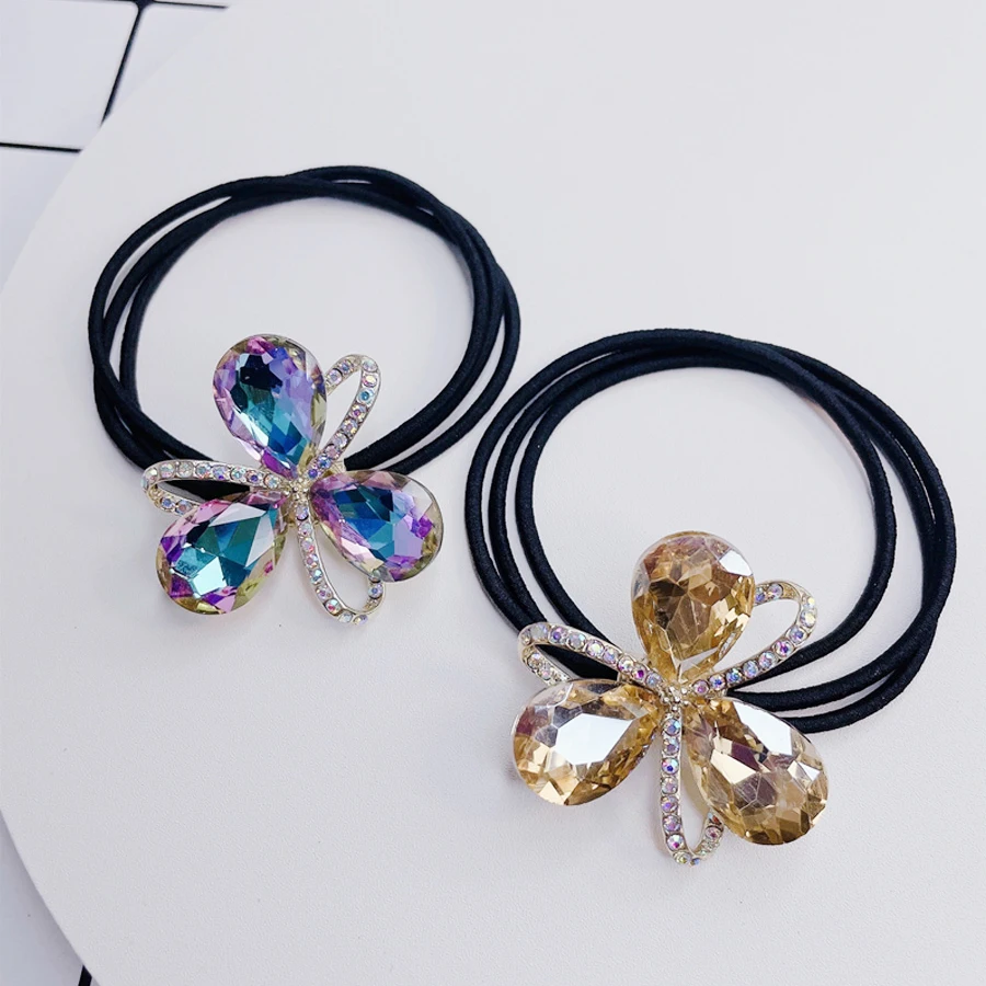 New Fashion Korean Style Alloy Glass Hair Rope For Girl Women Headbands Shining Flower Ponytail Elastic Hair Bands Hair Ties