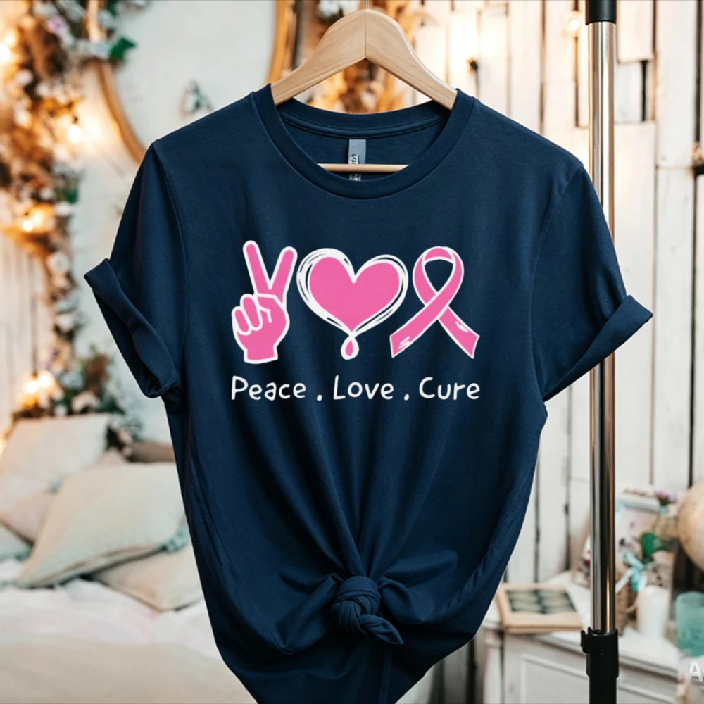 Peace Love Cure Pink Ribbon T Shirt Women Breast Cancer Awareness Short Sleeve Tee Warrior Support Casual Cotton Graphic Tops