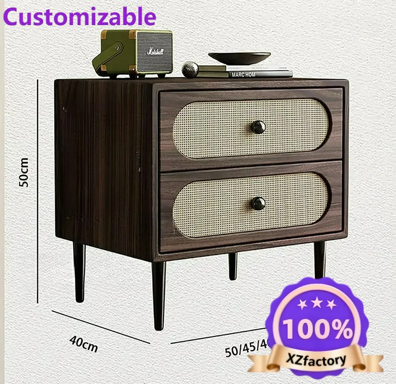 Factory Direct 2026 Solid wood antique black walnut leather bedside table rattan simple modern American retro bedroom storage si