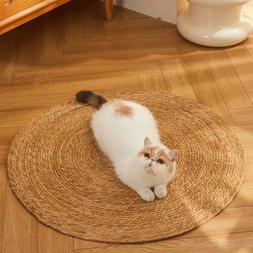 1PC Round Kitten Scratching Mat Wear-Resistant Hand Woven Cat Scratch Board Natural Cattail Cat Grinding Claw Toy Resting