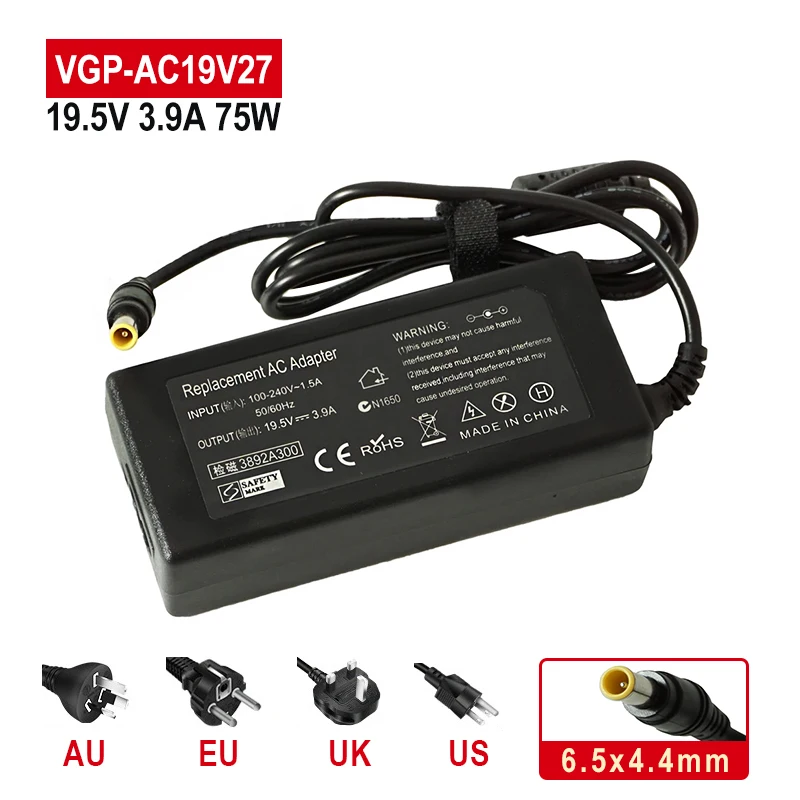 Pengisi daya adaptor AC catu daya laptop 19.5V 3,9 A 75W UNTUK SONY VAIO VGP-AC19V27/ V62 / V37/ V33 / V20 / V19