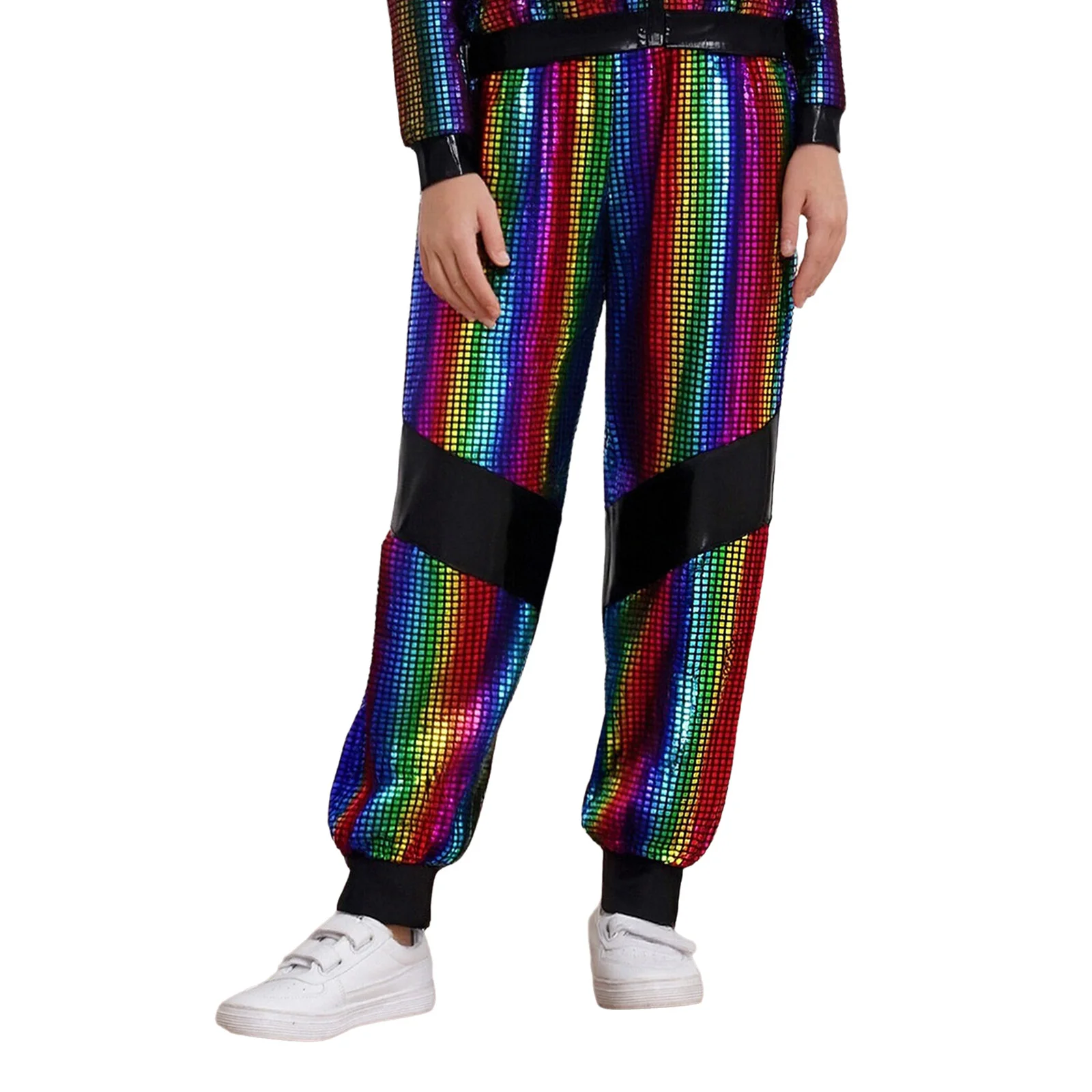 子供メタリックヒップホップジャズダンスパンツ弾性ウエストバンド光沢のあるチェック柄ジョガーパンツスクールショーステージダンスウェアストリートウェア