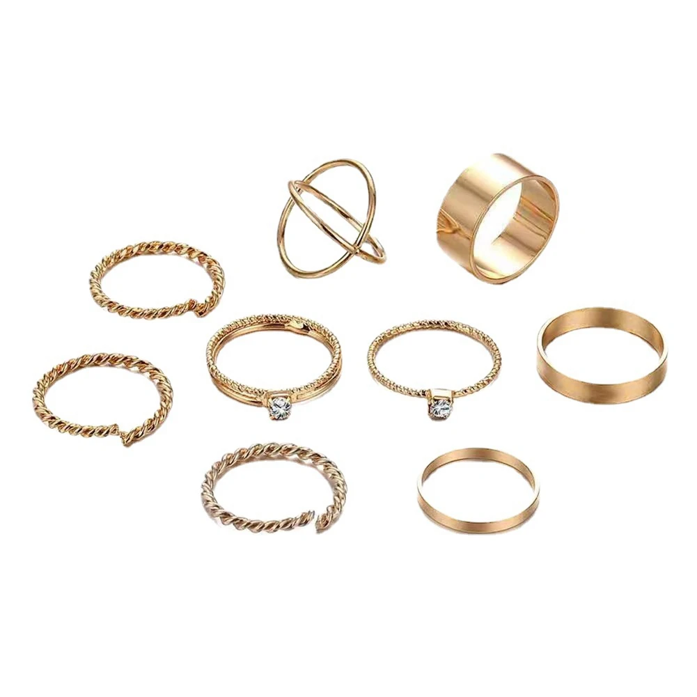 9Pcs Vintage Metal Knuckle Ring Set Ladies Punk Cross Twist Ring Bohemian Fashion Jewelry