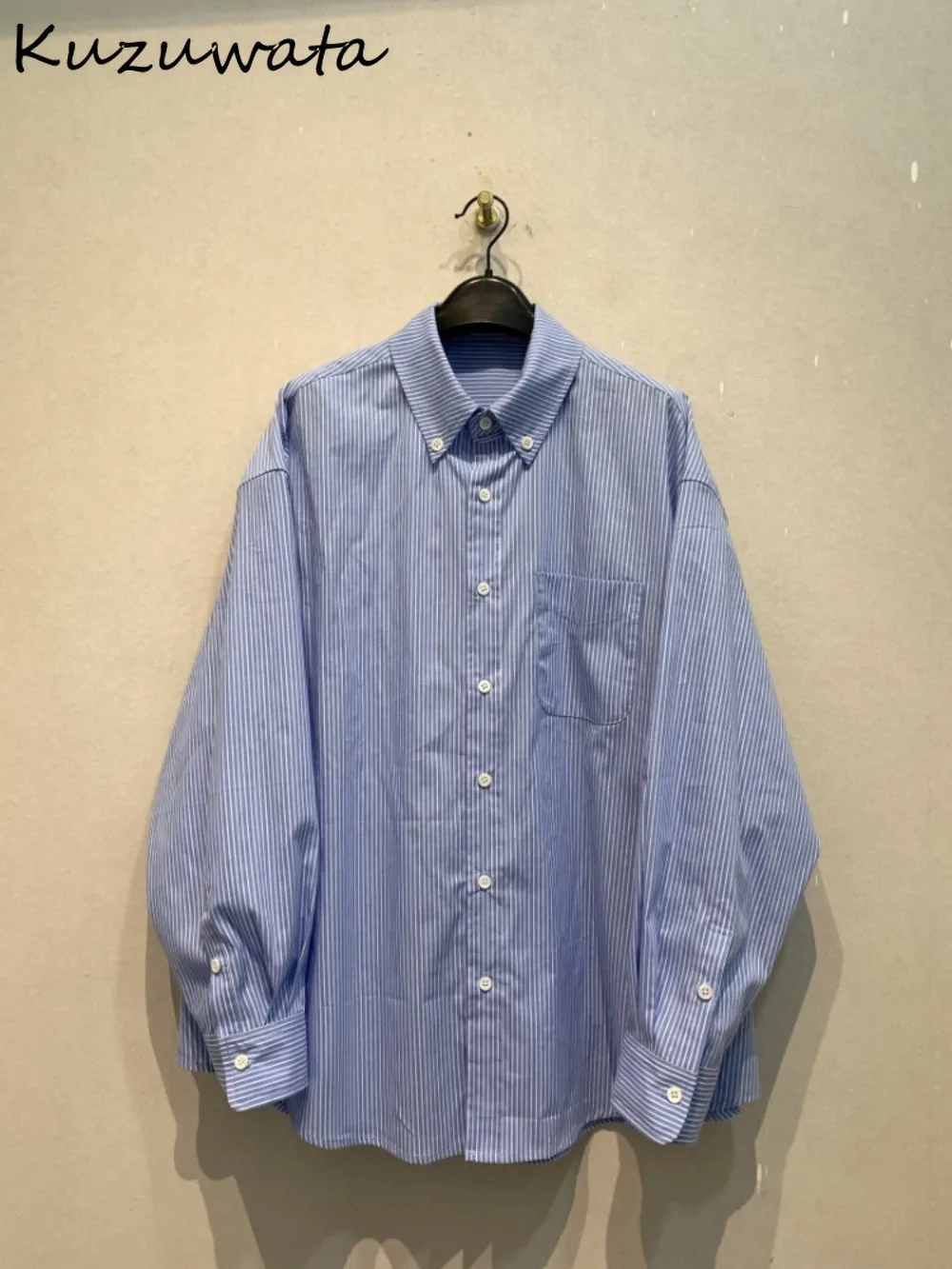 

Kuzuwata Vintage New French Elegant Loose Shirt Moda Stripe All-match Casual Soft Blouses Japan Trendy Minority Cruel Crop Top