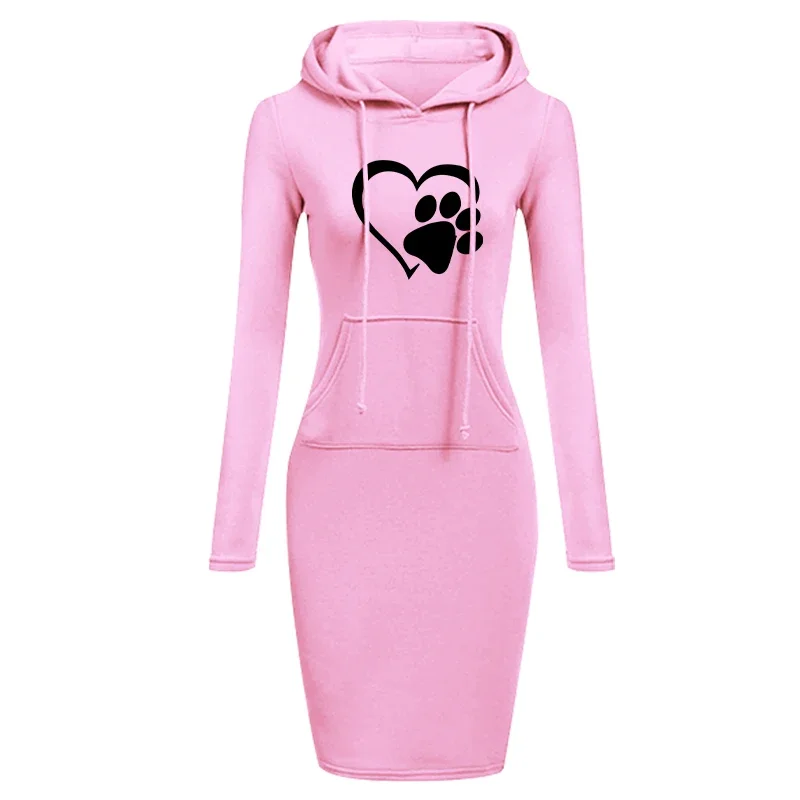 Women Hoodie Dress Sweatshirt Pullover Dress Autumn Winter Dog Paw Printed Long Sleeve Slim Pocket Hoodie Dress S-3XL