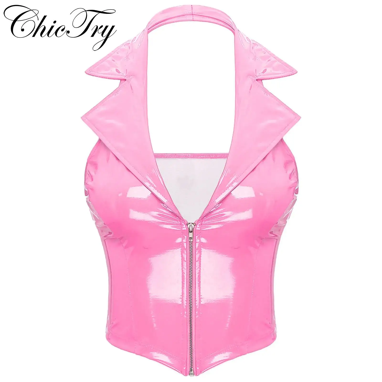 Womens Wetlook Latex Crop Tops Patent Leather Vest Halter Backless Deep V Neck Slim Fit Waistcoat Sexy Clubwear Party Pole Dance