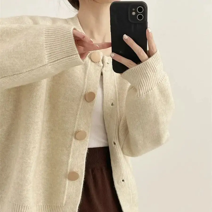 Pull cardigan à col rond pour femme, manteau à simple boutonnage, couleur unie, automne, hiver