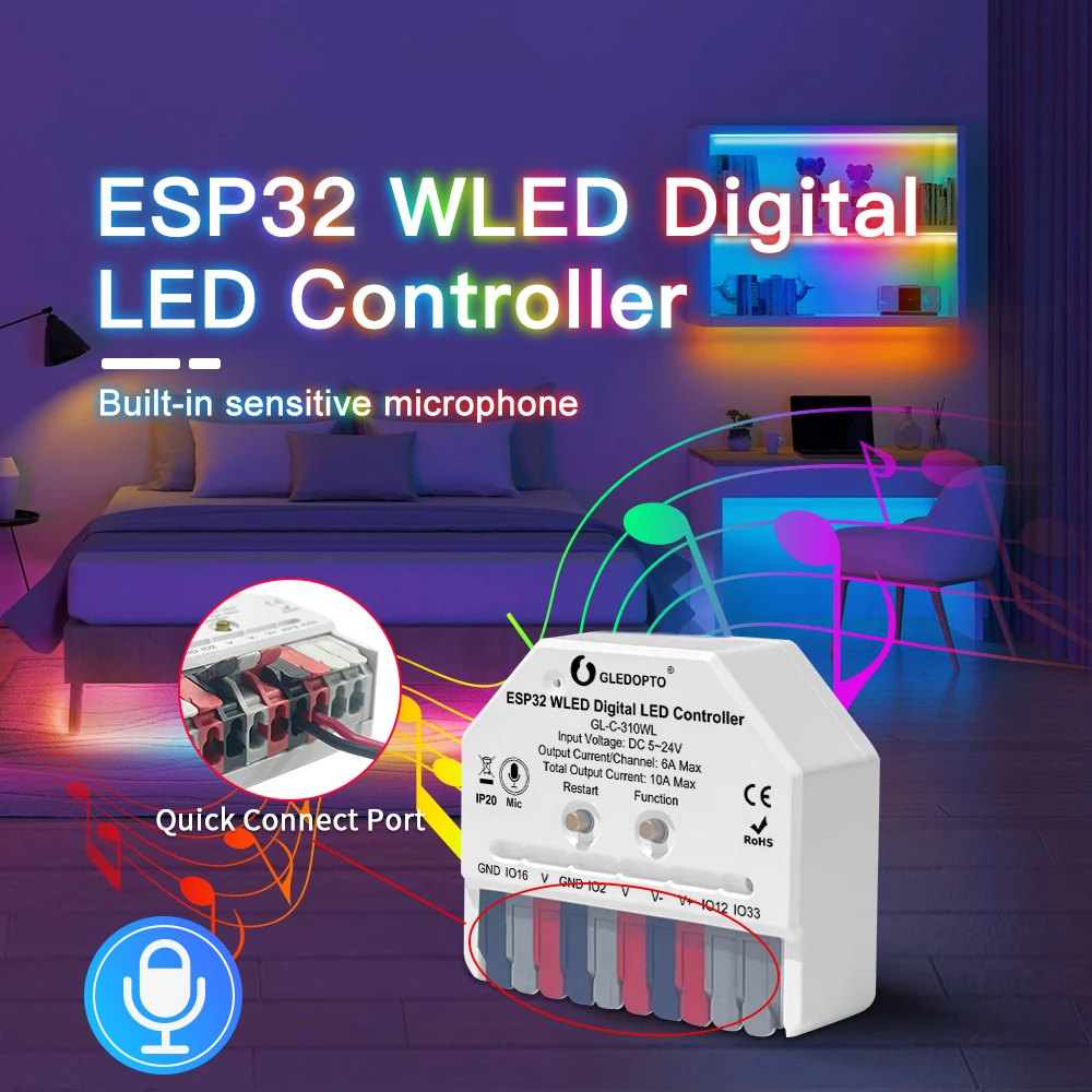 gledopto controlador mini wled com microfone esp32 musica modos dinamicos digital ws2811 ws2812 sk6812 tm1814 ws2813 ws2815 diy 01