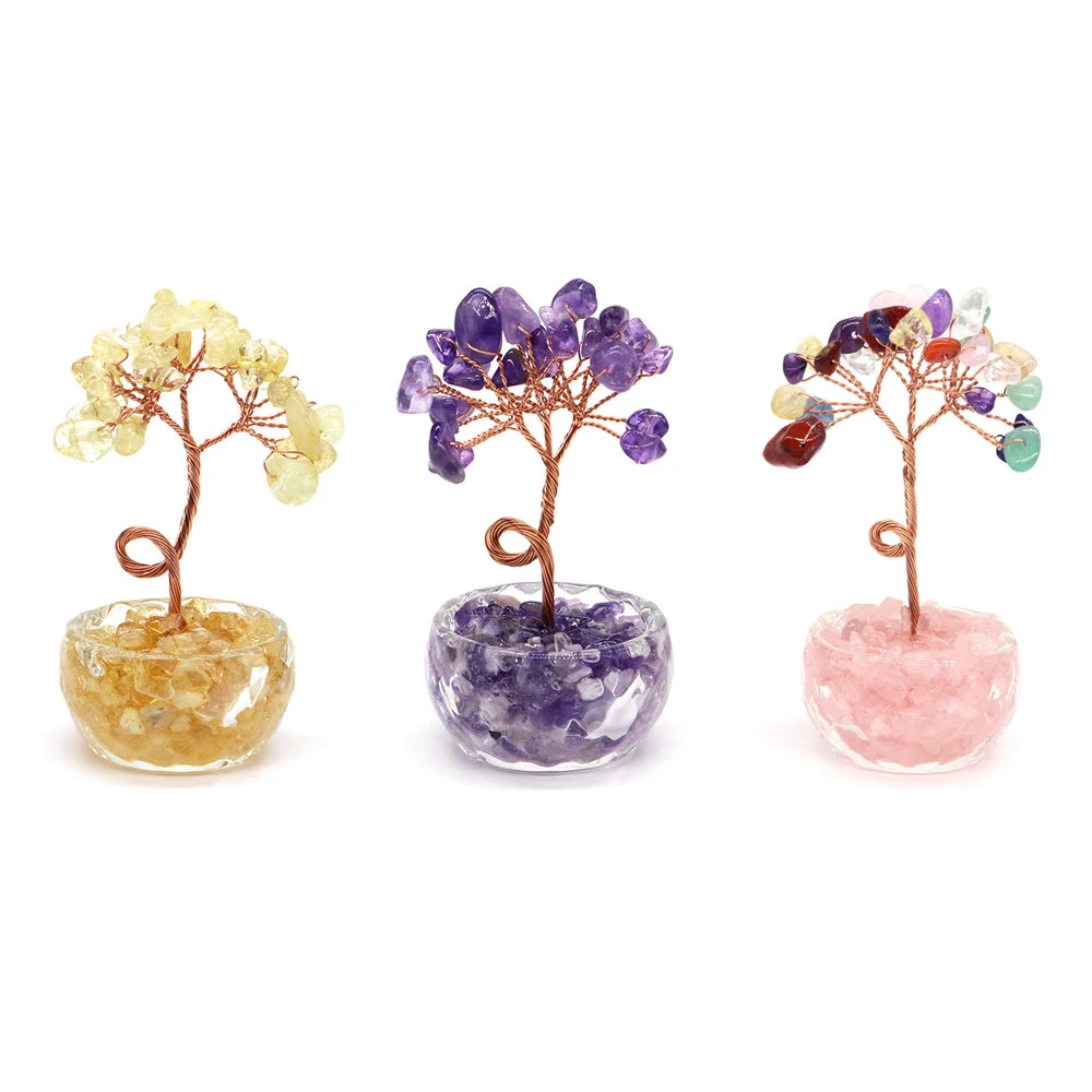 Lucky Money Tree Copper Wire Wrapped Crystal Bonsai Base Citrine Amethyst Healing Gems Yoga Feng Shui Trees Crafts Home Decor