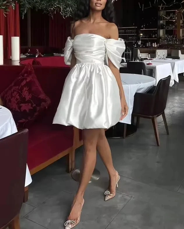 Fashion A line sexy fluffy short wedding dress off shoulders with boobs Fluffy sleeves satin beach ladies bridal dress 2024