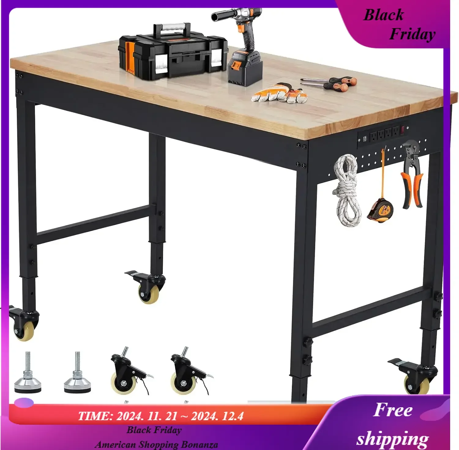 

Adjustable Height Worktable for Garage, Rubber Wood Top Workbench, Heavy Duty Workstation