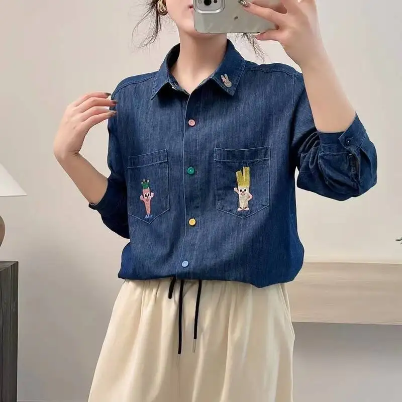 Chemise en Denim à manches longues pour femmes, col rabattu, broderie coupée, Mori Girl French Sweet INS, chemisier ample, nouvelle collection automne 2025 T5O824CC