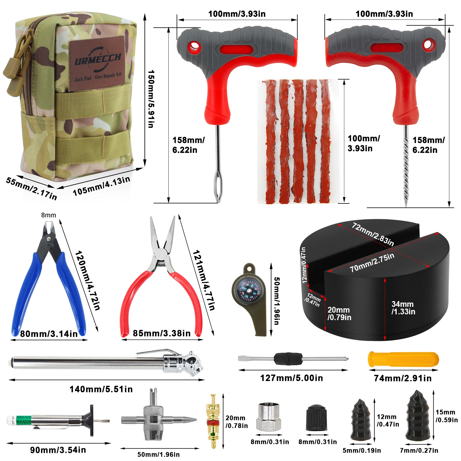 Rubber Jack Pad with Car Tire Repair Tool Kit Flat Tire Puncture Auto Tire Plug in Tactical Pouch Bag for Cars Motorcycle Trucks