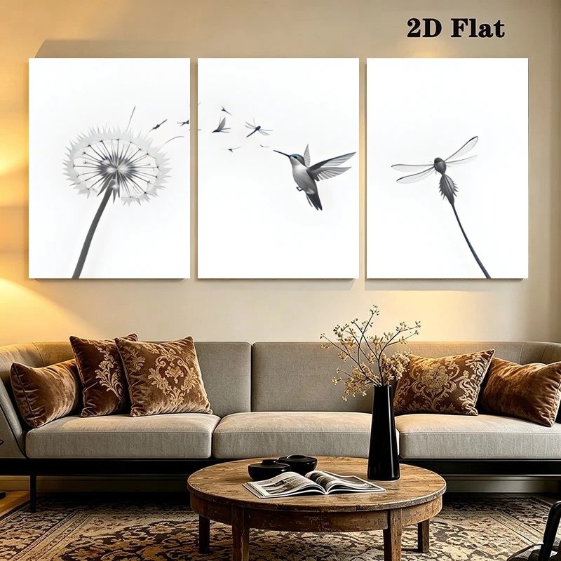 2D Flat, 3pcs Modern Boho Minimalist Dandelion Hummingbird Dragonfly Black White Abstract Wall Art Home Decor Living Room Bed