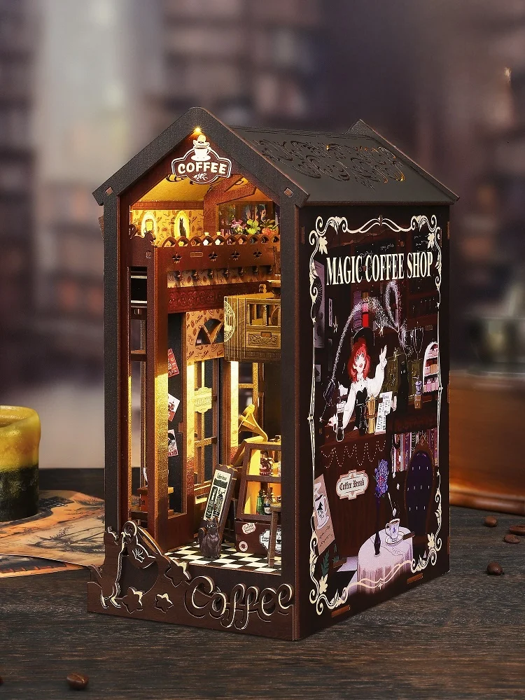 مجموعة أدوات تجميع نموذج خشبي لمتجر القهوة السحرية هدية عيد ميلاد إبداعية للنساء JiaTe DIY نموذج بناء زخرفة منزل صغير #5