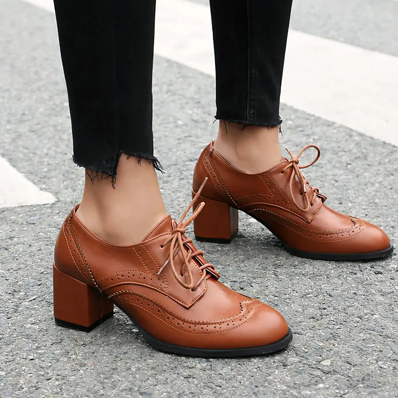 

Plus Size 36-48 Brown Black Color British Women's Pumps Lace-up Cross-tied Block Oxfords Chunky Block High Heels Lady Brogues