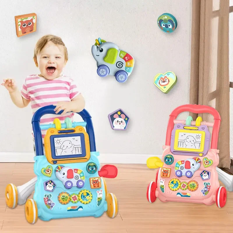 Baby Musical Walker with Artboard Learning Walking Toy for 1-3 Year Olds, Adjustable Assisted Walker with Music Drawing Activity