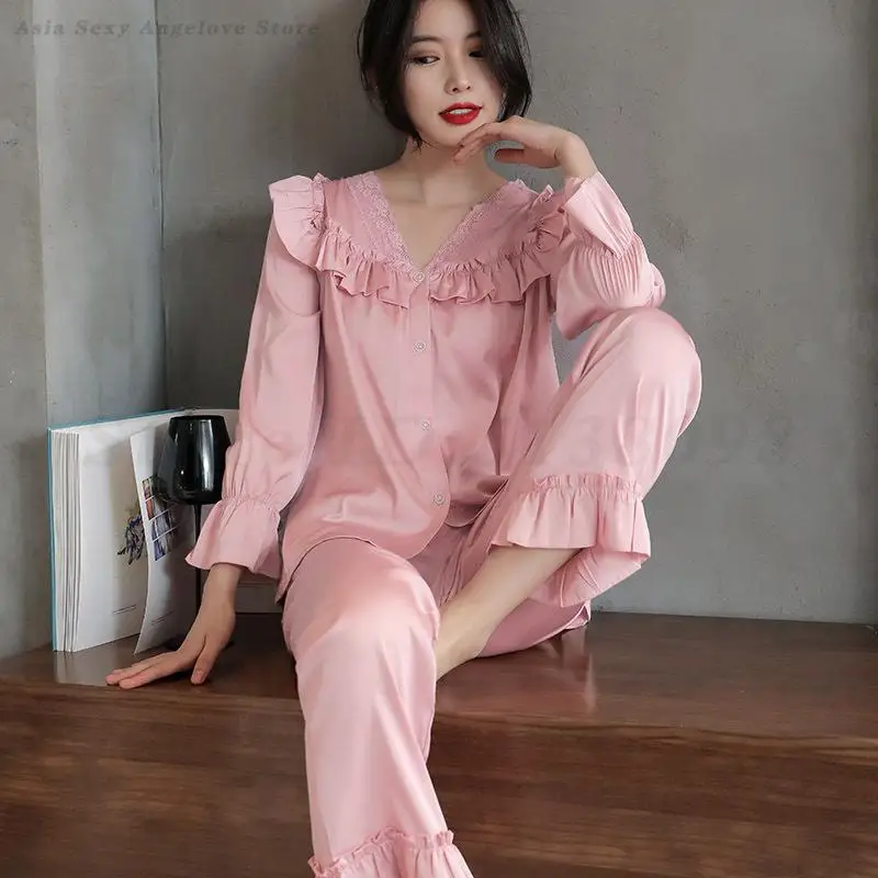 Satin Pajamas Set Faux Silk Women Sleepwear Shirt&Pants Casual Lace Pijamas Lounge Wear Spring Summer New Home Clothes Nightwear