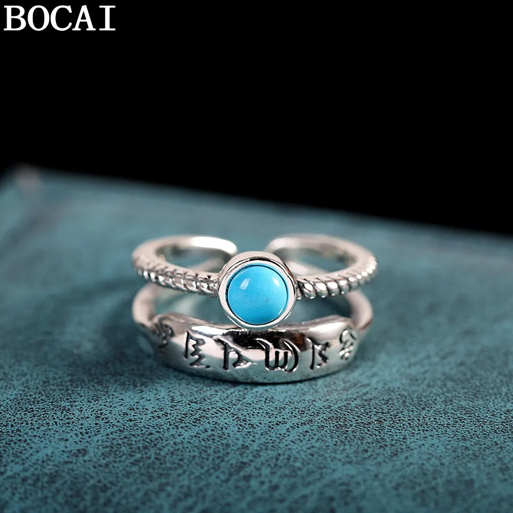 

Кольцо BOCAI S925 из стерлингового серебра с винтажным дизайном, мантрой из шести символов и бирюзой, открытое