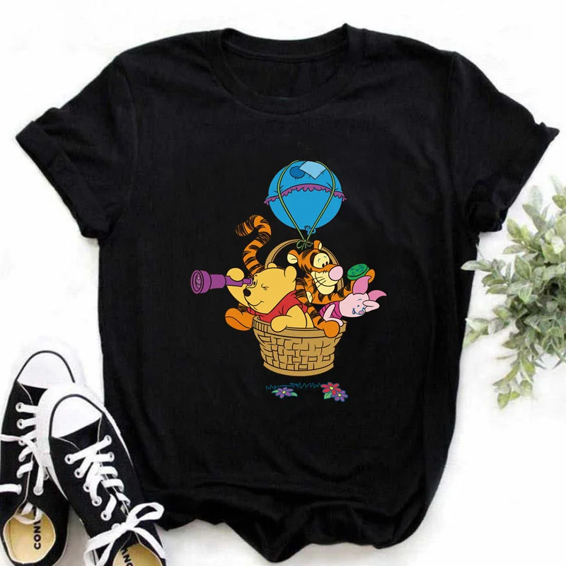 Cartoon Winnie The Pooh Print Vintage Women Casual Tee Streetwear Short Sleeve T-Shirt Y2k Clothes Gothic Girl Tops T-Shirt 2024