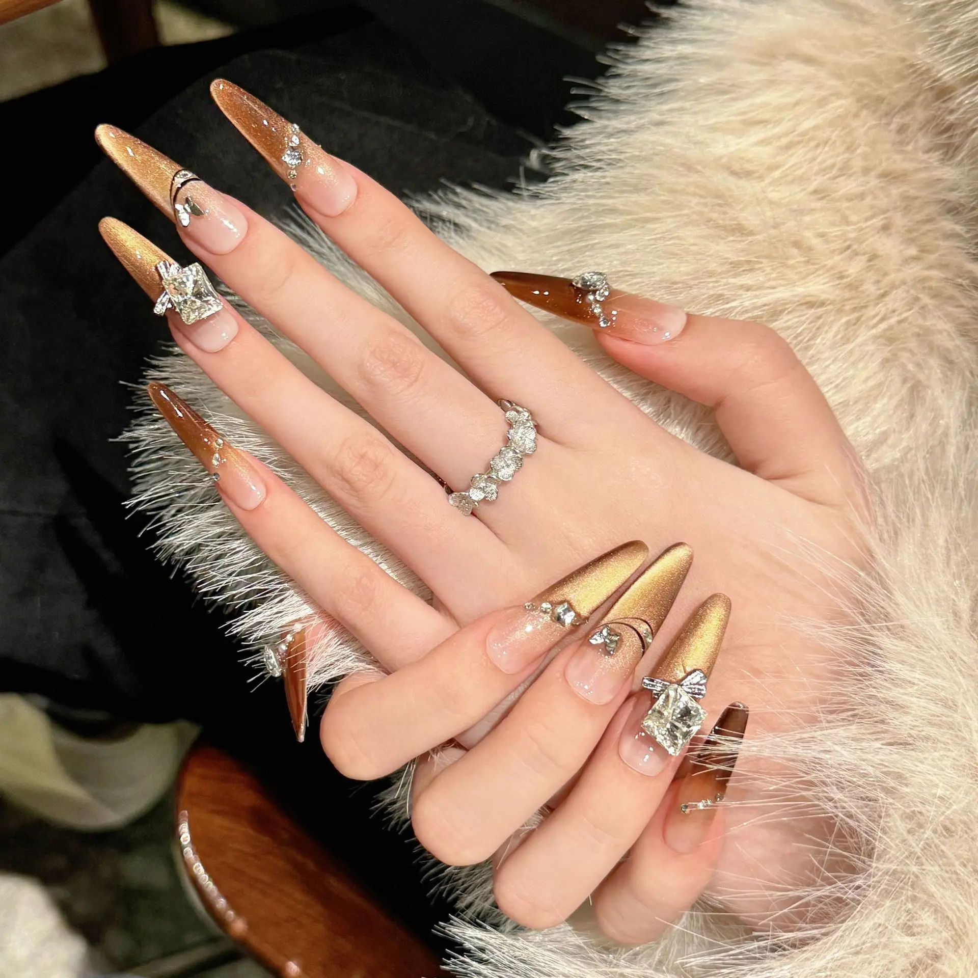 Handmade Press on Nails with Large Crystal Design Long Oval False Nails Glitter Champagne Gold French Cat Eye Fake Nail Patches