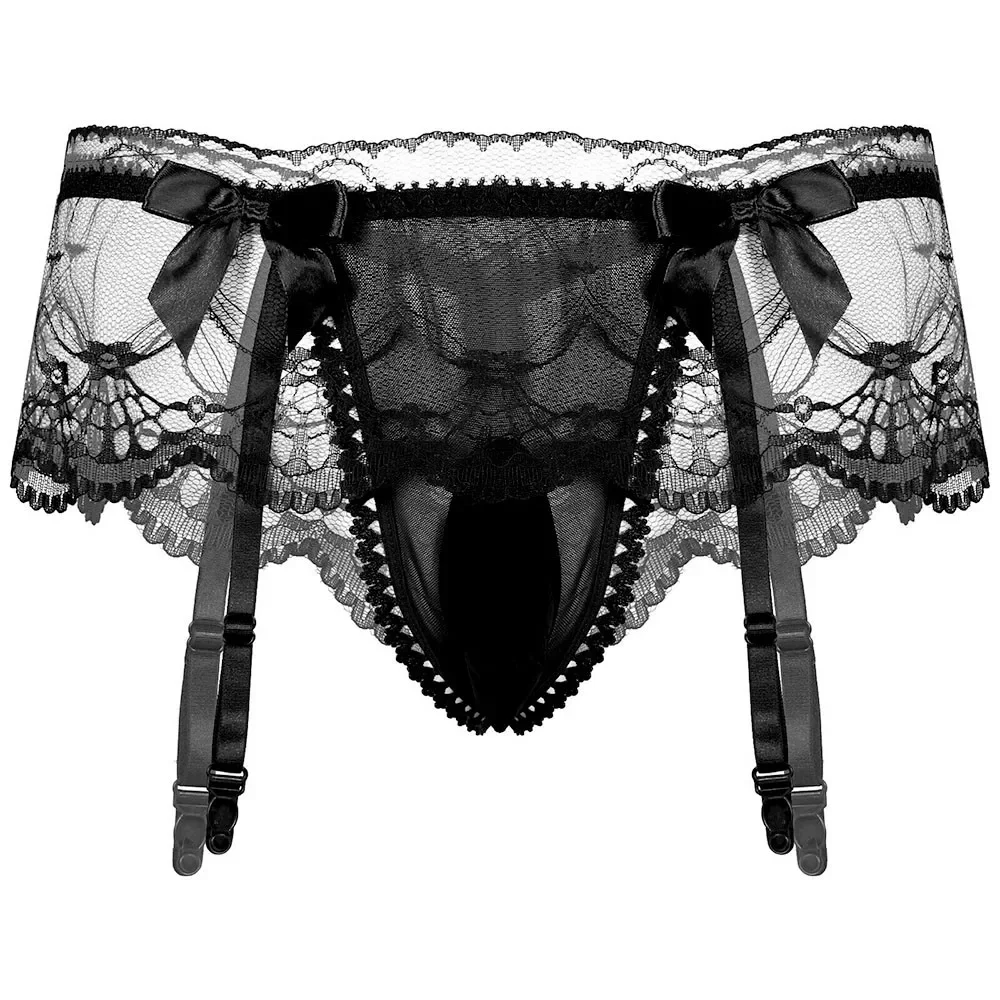 Mens Sissy Sexy Lingerie Hollow Erotic Panties Solid Underwear Man See Through Thong Lace Comfortable Briefs With Garter Sexy