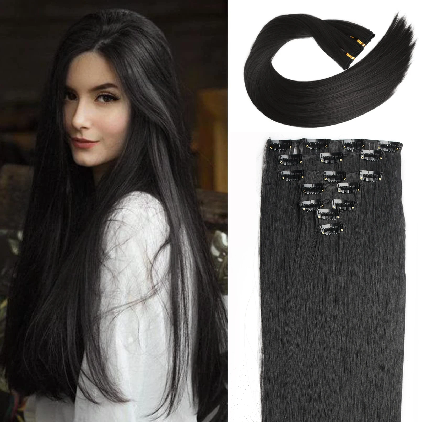 XINRAN 24Inches  Long Straight Synthetic Hair Extensions Clips in High Temperature Fiber Black Brown Hairpiece