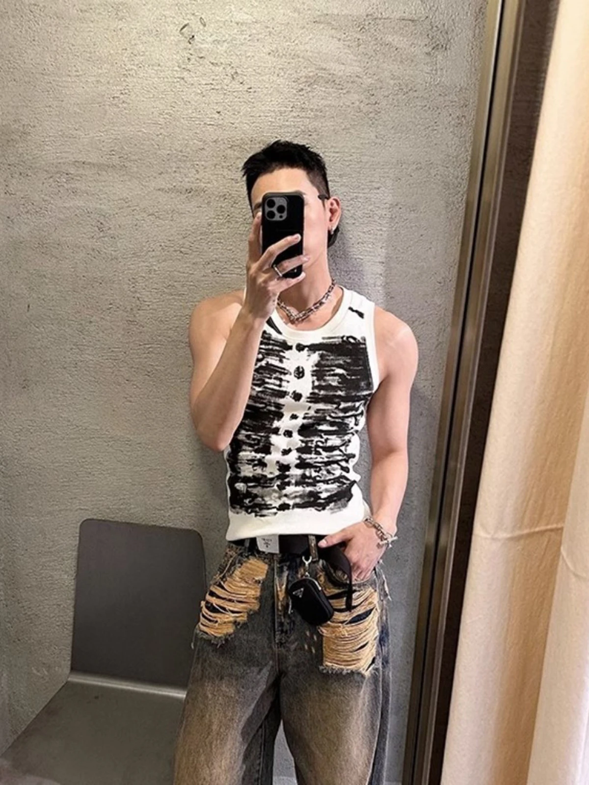 Black Brushstroke Skeleton Print Tank Top Men Summer Trendy Slim Fit Urban Streetwear Sleeveless T-Shirt Edgy Graphic Tee