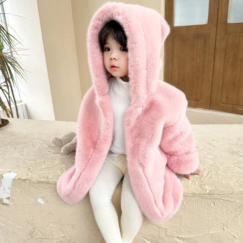 Children's Faux Mink Fur Coat Boys Furry Fur Jackets Baby Hooded Long Coats Padded Hooded Cotton Coat Cute Girls Fur Clothing