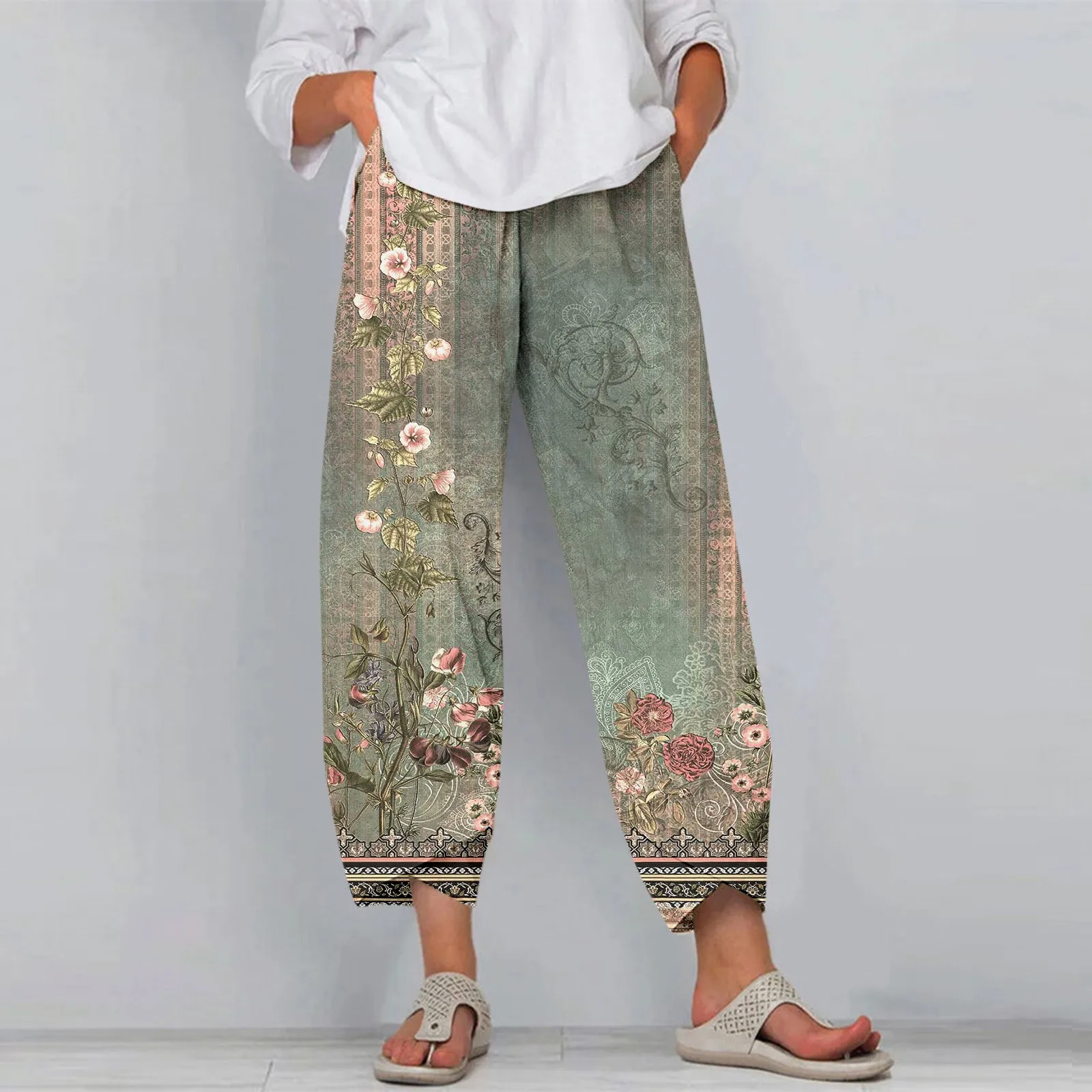 Casual Wide Leg Pants Women Loose Comfort Elastic Waist Pants Summer New Vintage Flower Printed Trousers Pantalones For Women