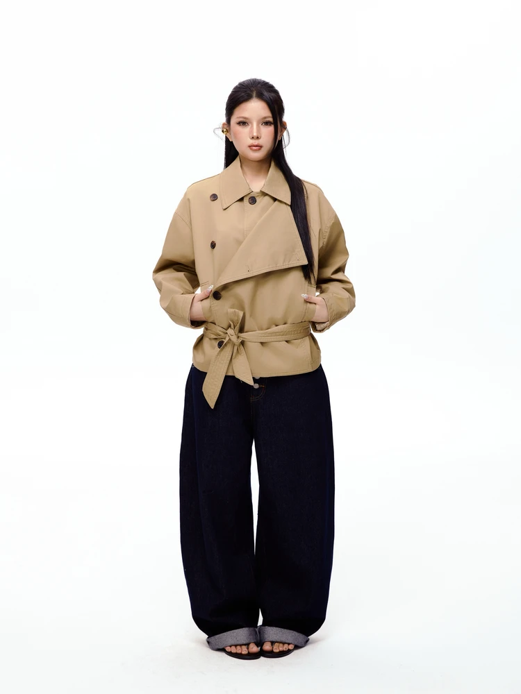 

Pure Cotton ort Coat Jaet Double Button Flap Collar Belt Waist Inward Windproof Casual Sle Women's Summer Outerwear