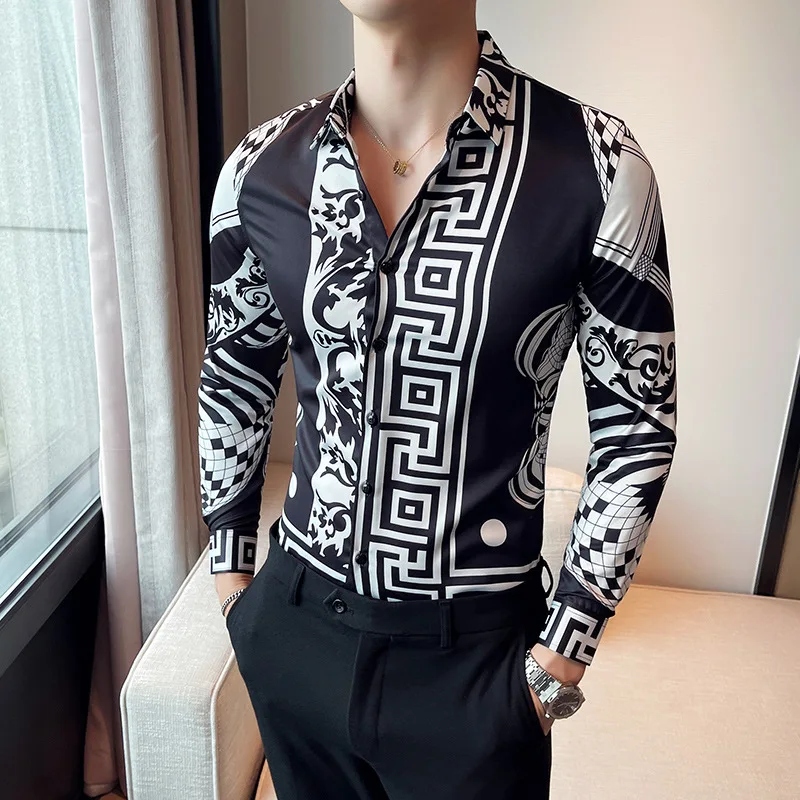 Men‘s New Fashion Slim Fit Luxury Shirts Vintage Casual White Striped Printed Long Sleeve Shirt Men Camisa Hawaiana Hombre M-6XL