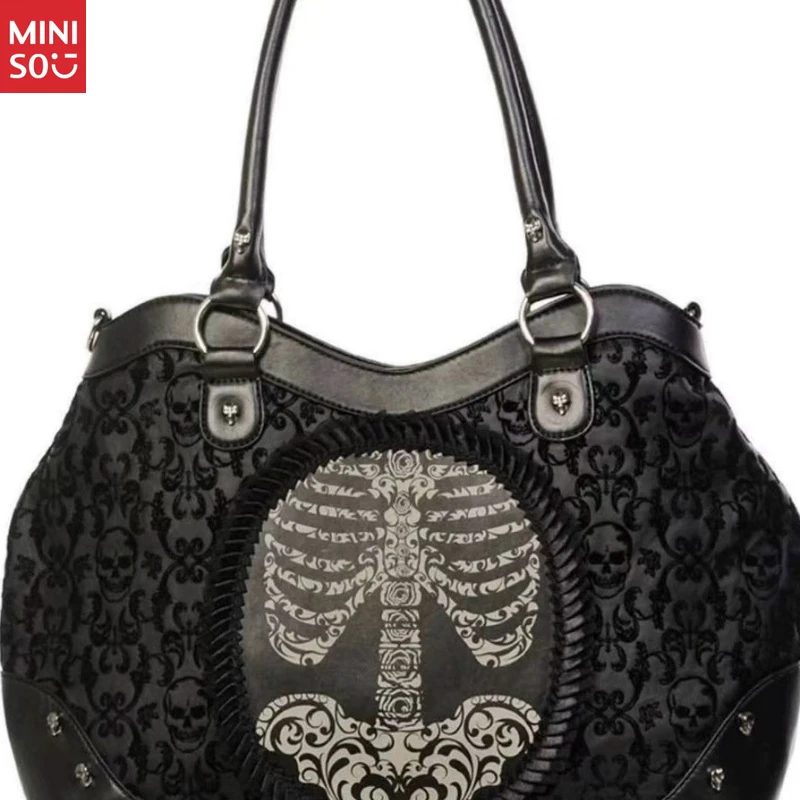 Miniso Gothic Lolita Skeleton Print Bag, Vintage Lace Flocking Crossbody, Dark Punk Shoulder Purse