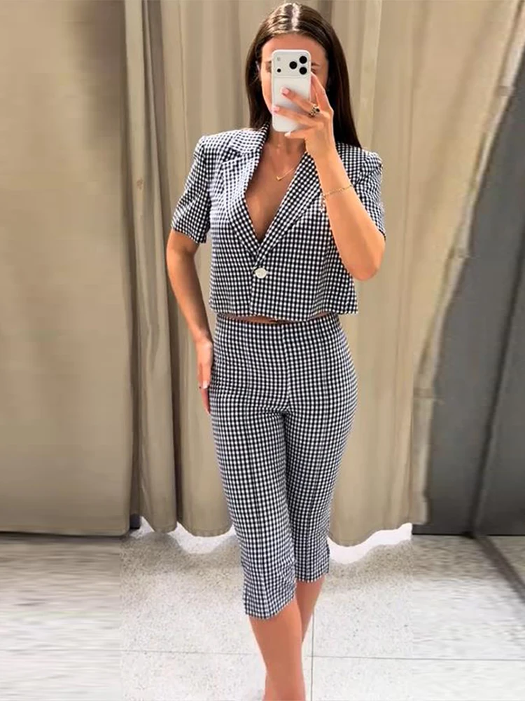 

Women's One Button Coat Pant Sets Lapel Short Sleeve Blazer Coat Capri Pants Two Piece Set Women 2026 Summer Plaid Lady Suit New