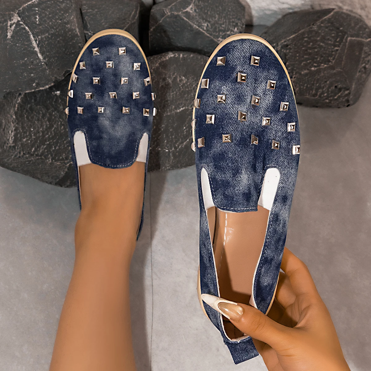 

Women's Denim Studded Loafers | Slip On Casual Flat Shoes | Fashion Rivet Decor Walking Shoes for Daily Wear