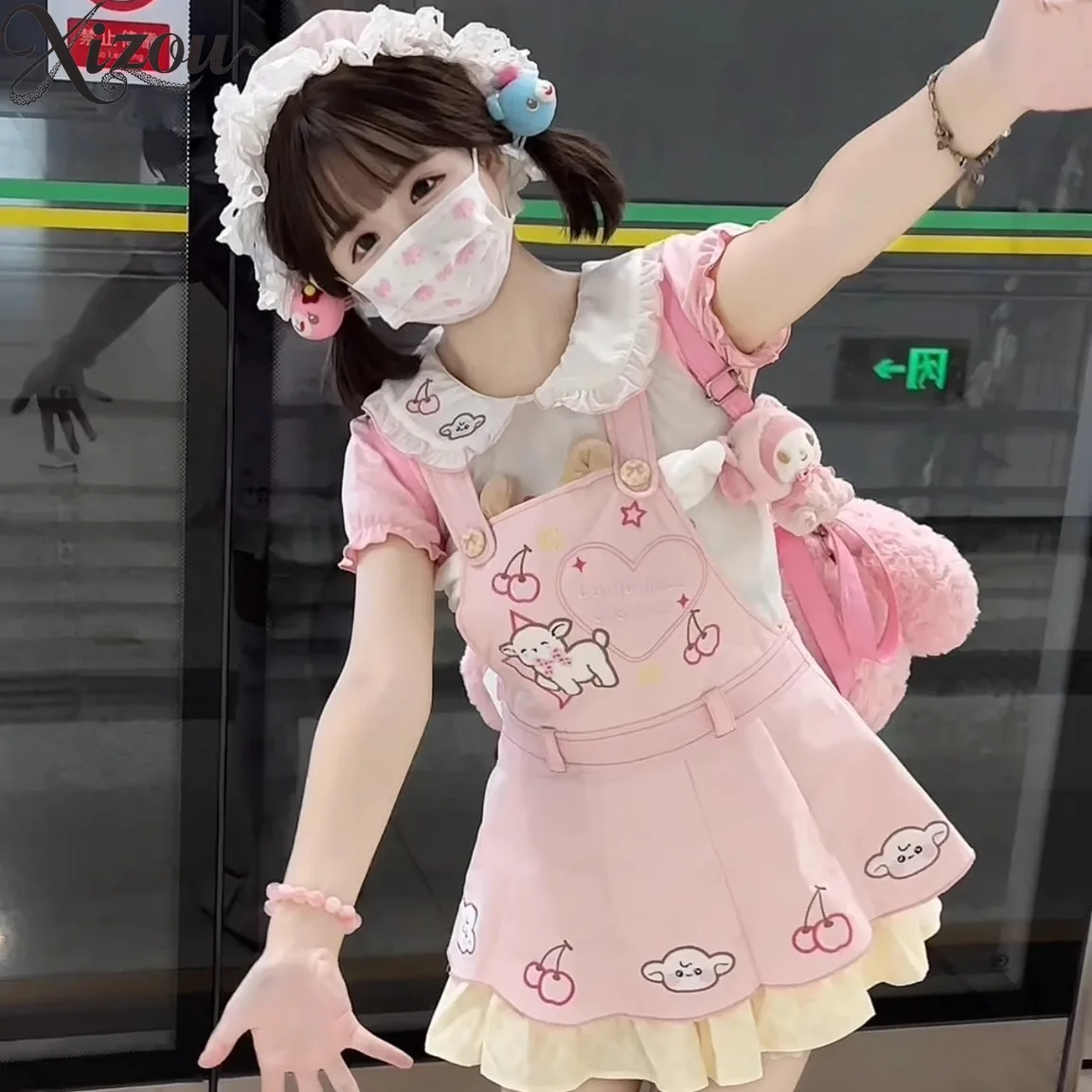 Conjunto de 3 piezas de pantalones con tirantes para niña, camiseta con cuello de marinero Kawaii, monos, Mini princesa de verano con volantes de encaje de conejito dulce 2025