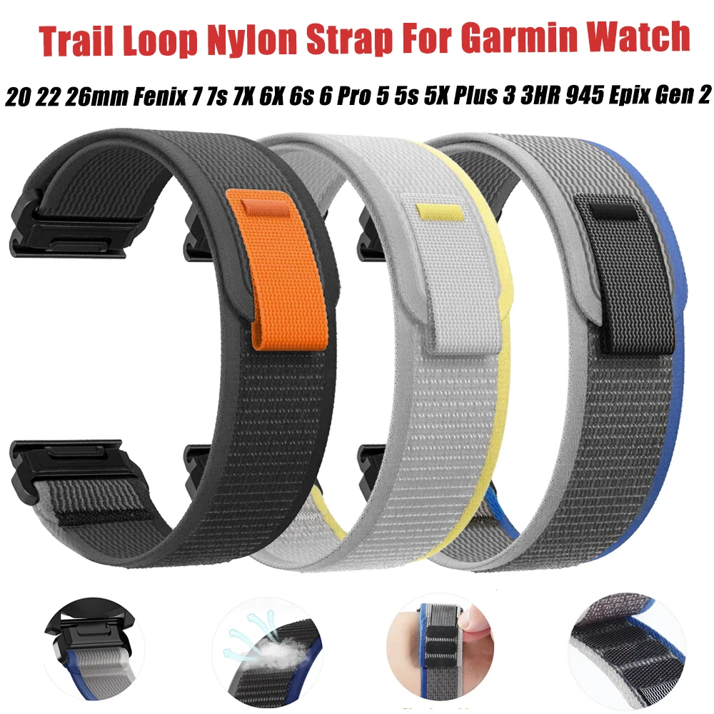 Nylon Trail Loop Strap para Garmin, Quickfit Band, 20mm, 22mm, 26mm, Fenix 7, 7s, 7X, 6X, 6S, 6 Pro, 5S, 5X Mais, 3, 3HR, 945, Epix Gen 2, Enduro