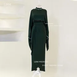 LISM Vintage Emerald Green Silk Soft Satin Evening Dresses Crystal High Neck Full Sleeves Pleat Formal Prom Dress Real Picture