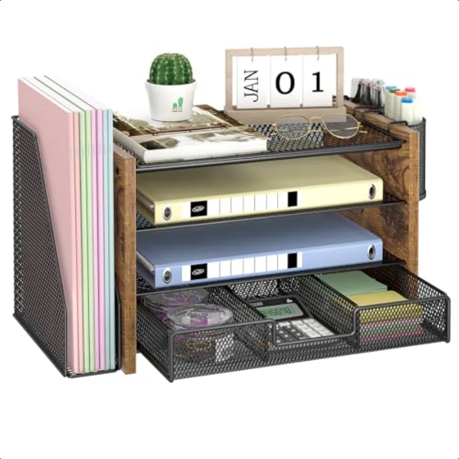 

Wooden Desk Organizers and Accories with File Holder 4Tier Paper File Organizer with Drawer 2 Pen Holders Office Desk Accories