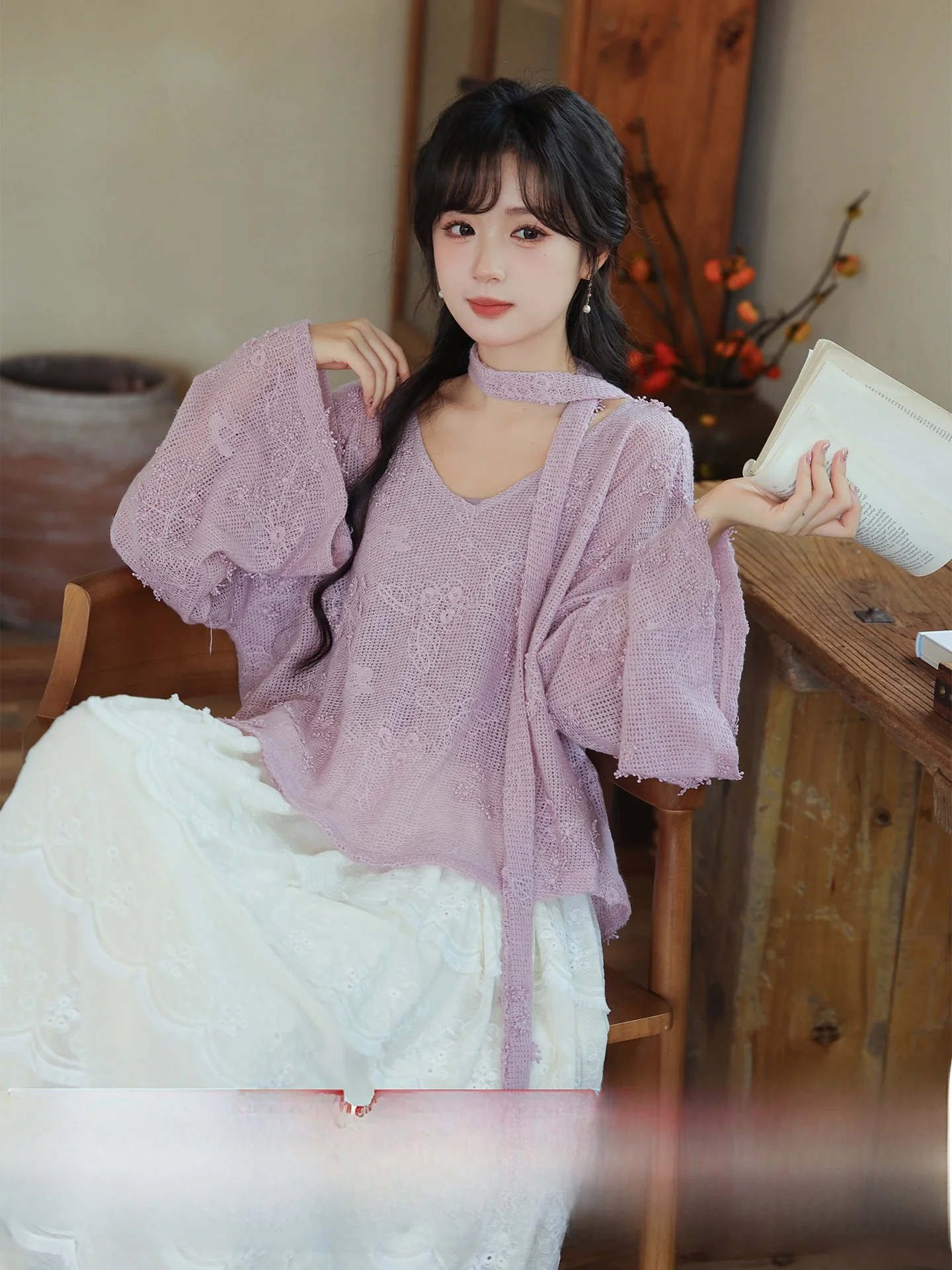 

Женская кружевная юбка Jiyunhe в новом китайском стиле, с длинным рукавом, круглым вырезом, средней длины, свободного кроя, осенняя мода