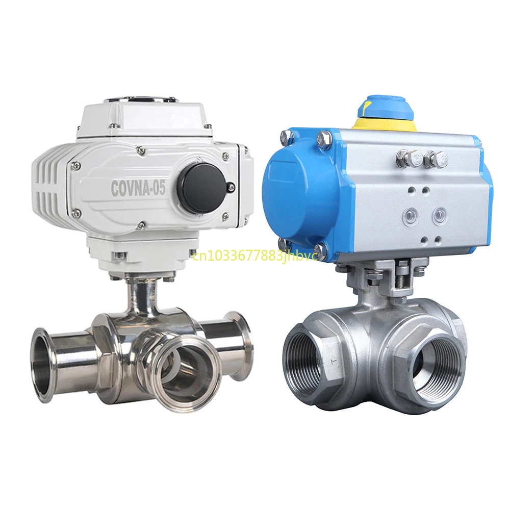 Flange pneumatic actuator electric motor actuated T L type 3ways stainless steel three way 3 way ball valves